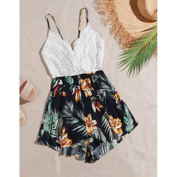 SHEIN Women's White/Blue Guipure Lace Bodice Tropical Print Cami Romper Size M